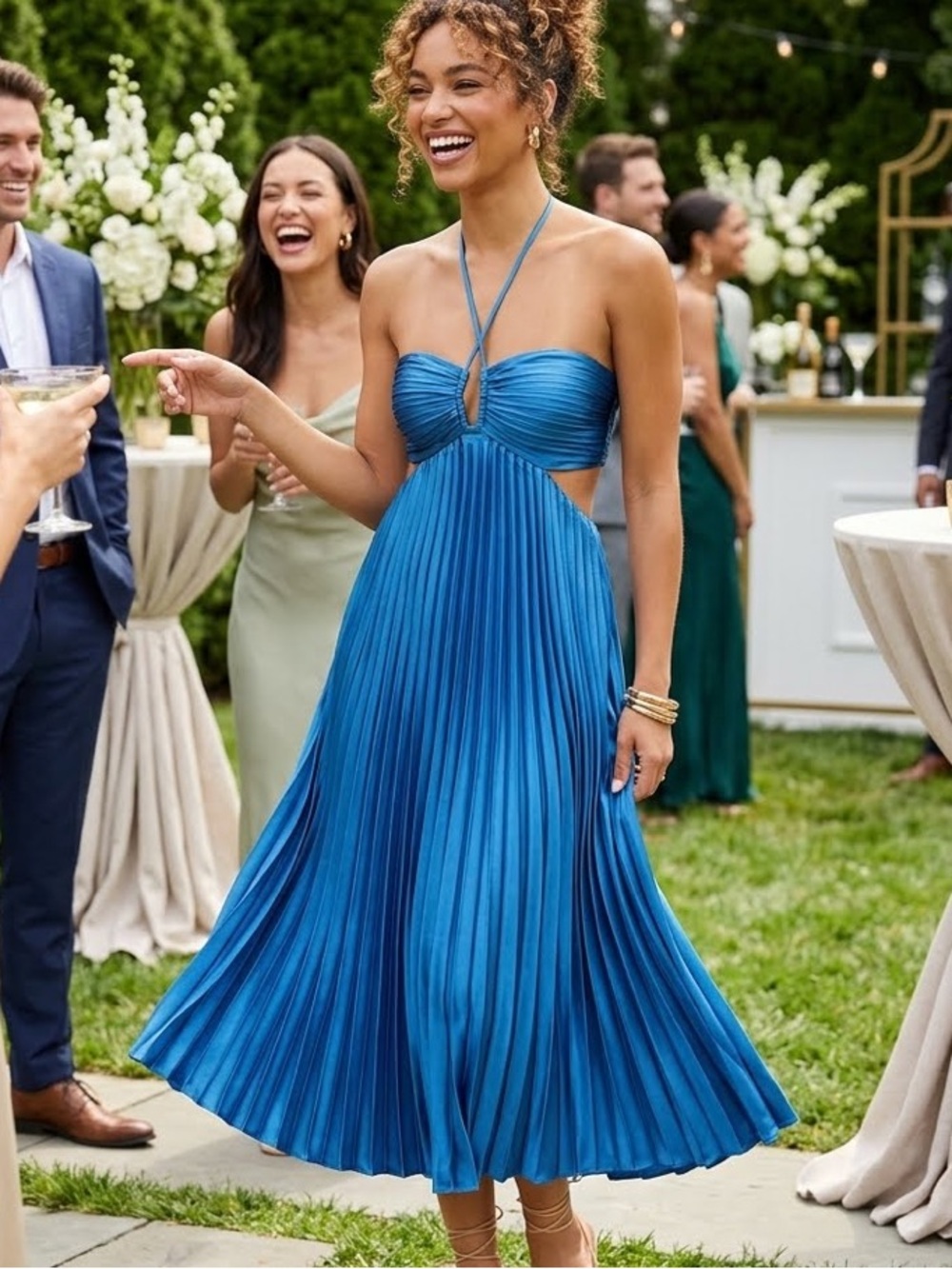 New Lulus Aerin Cobalt Blue Pleated Halter Midi Dress Sz Medium